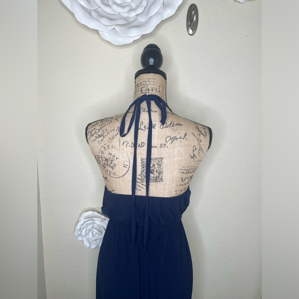 NTM: Tyche Navy Halter Cutout Wide-Leg Jumpsuit Flowy Boho Wear One-Piece Size L - Picture 13 of 16